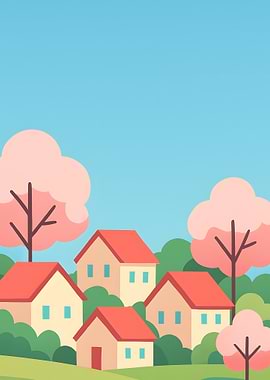 Cartoon Houses with Cherry Blossom Trees