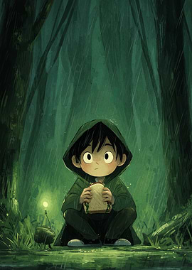 Boy Eating Sandwich in Rainy Forest