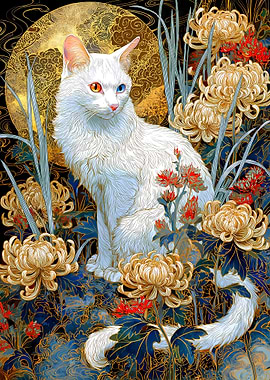 White Cat with Heterochromia in Floral Setting