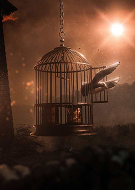 bird escaping from cage, freedom concept
