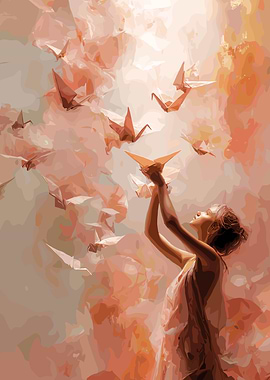 Woman with Origami Cranes