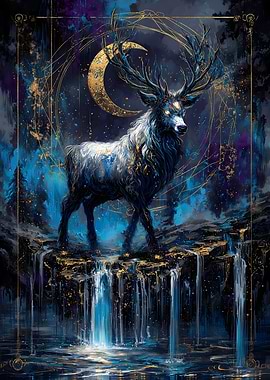 Mystical Deer with Crescent Moon
