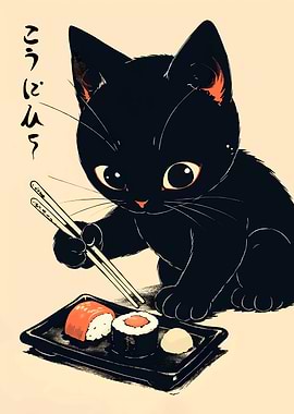 Black Cat with Sushi