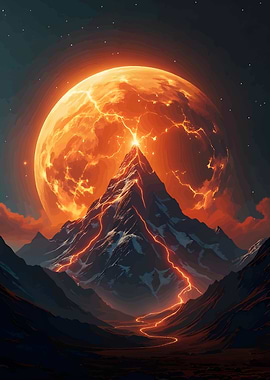 Fiery Moon Over Mountain Landscape
