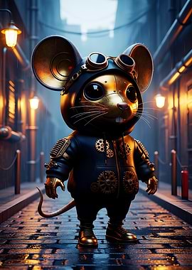 Steampunk Mouse Character in Cityscape