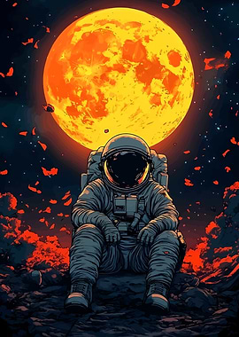 Astronaut and Fiery Moon