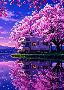 Campervan under Cherry Blossoms by Lake