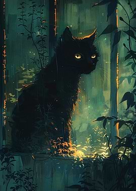 Black Cat in Enchanted Forest