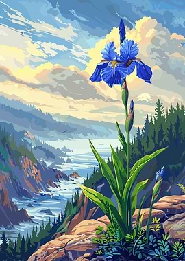 Blue Iris Flower Overlooking Coastal Landscape