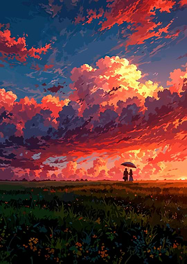 Couple under Umbrella at Sunset