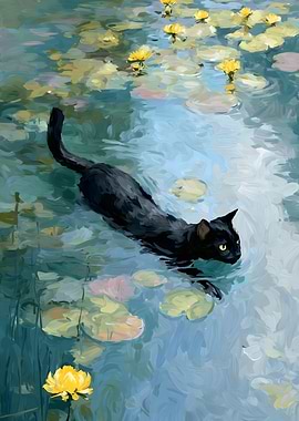 Cat Swimming in Lily Pond