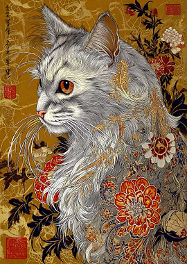 Ornate Cat Portrait with Floral Design