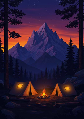 Camping Under the Mountain at Night