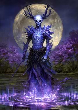 Antlered Skull Figure in Fantasy Landscape