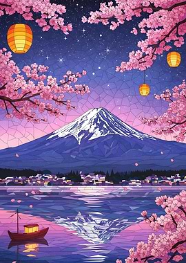 Mount Fuji Cherry Blossoms Stained Glass