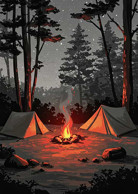 Night Camping with Bonfire and Tents