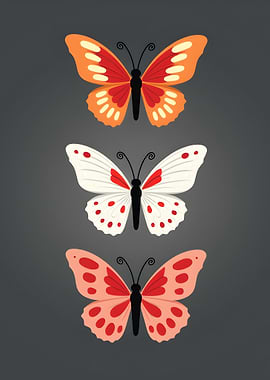 Three Colorful Butterfly Illustrations on Gray