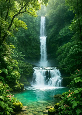 Lush Waterfall in a Green Forest