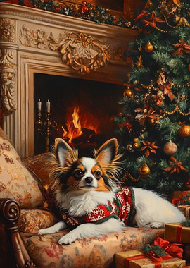 Papillon Dog by Fireplace | Elegant Christmas Dog Art