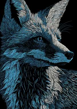 Fox Portrait in Blue and White