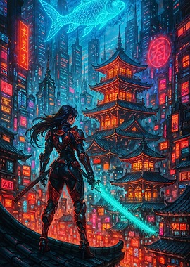 Cyberpunk Warrior in Neon Cityscape