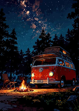 Vintage Campervan Camping Under Starry Sky