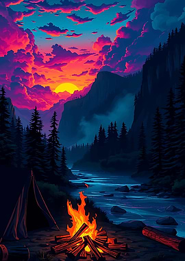 Camping by the River at Sunset