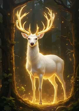 Glowing White Deer in Forest