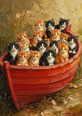 Kittens in a Boat Painting