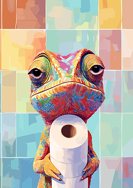Colorful Chameleon Holding Toilet Paper
