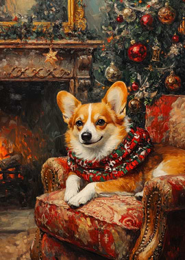 Corgi Christmas Portrait | | Cozy Holiday Dog Print