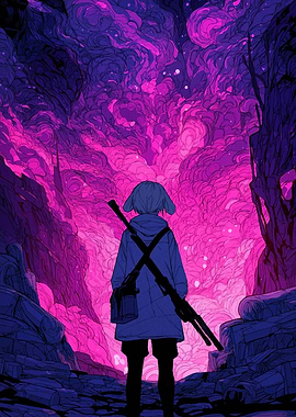 Anime Girl with Rifle in Fantasy Landscape