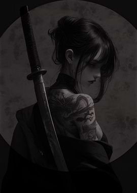 Monochrome Samurai Woman with Dragon Tattoo