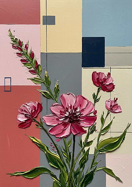 Abstract Floral Painting with Geometric Background