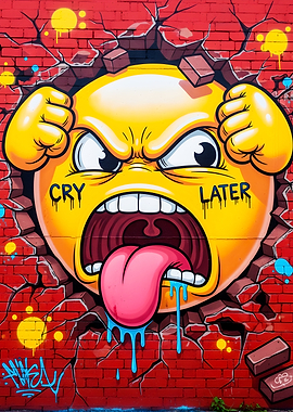Angry Emoji Graffiti on Brick Wall