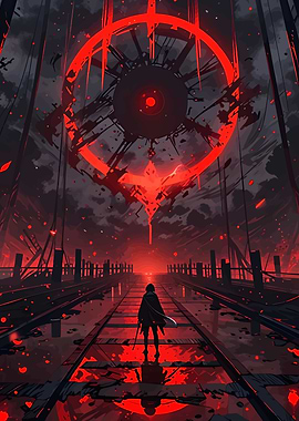 Red Symbol Overlooking Figure on Tracks