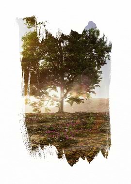 Tree with Flowers Landscape Brush Stroke