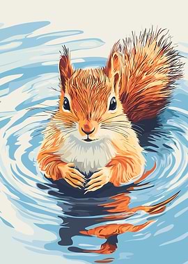Squirrel Swimming in Water Illustration