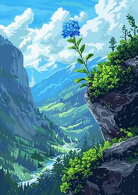 Mountain Valley with Blue Flower