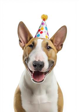 Happy Bull Terrier with Party Hat
