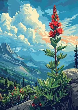 Mountain Landscape with Red Flower