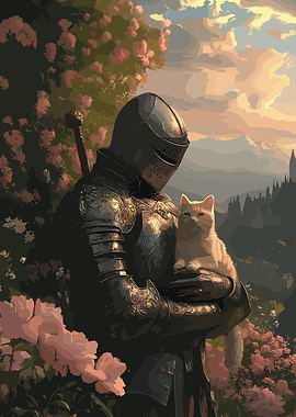 Knight holding a cat in garden