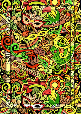 Brazil Colorful Carnival Doodle Pattern