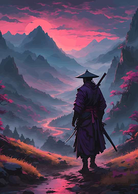 Samurai in Mountain Landscape at Sunset