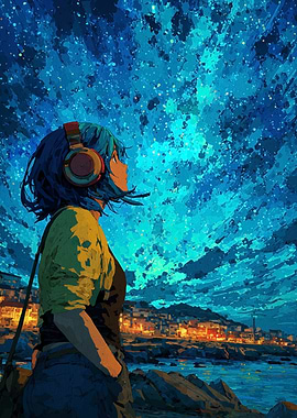 Anime Girl Stargazing with Headphones