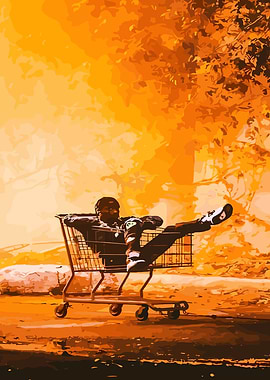 Man Relaxing in Shopping Cart Art