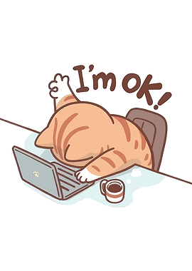 Tired Cat Working on Laptop