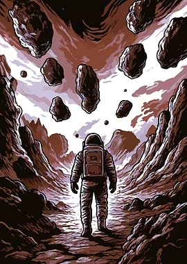Astronaut on Alien Planet with Asteroids