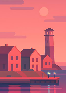 Coastal Town with Lighthouse at Sunset