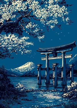 Japanese Landscape with Torii Gate and Mountain